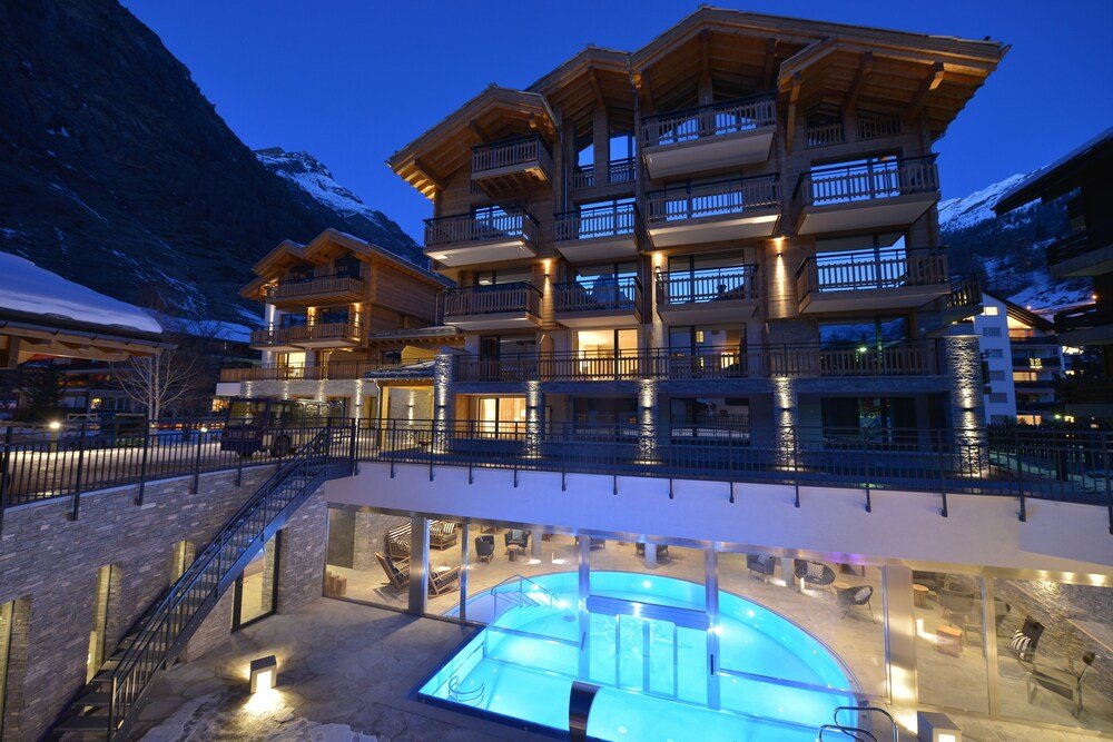 Multi-story alpine hotel building in the centre of Zermatt