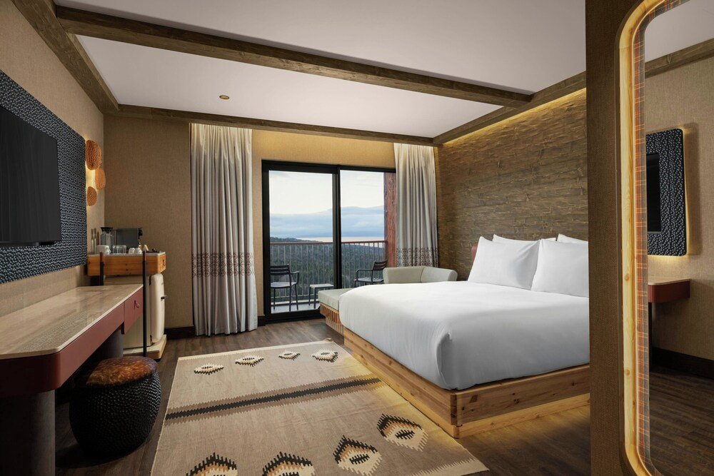 Hotel room with a large bed