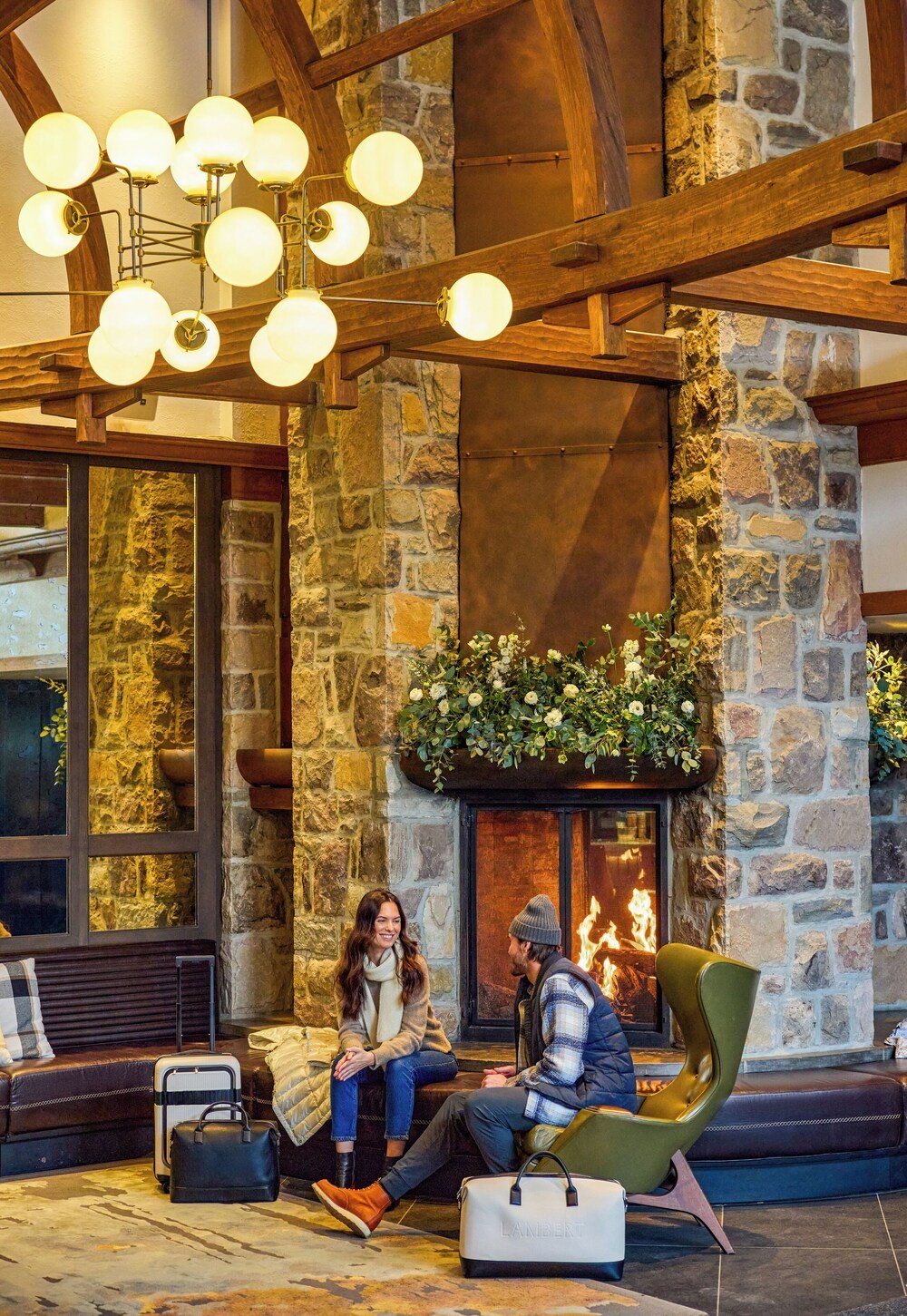 Stone fireplace in the lobby of Fairmont Tremblant