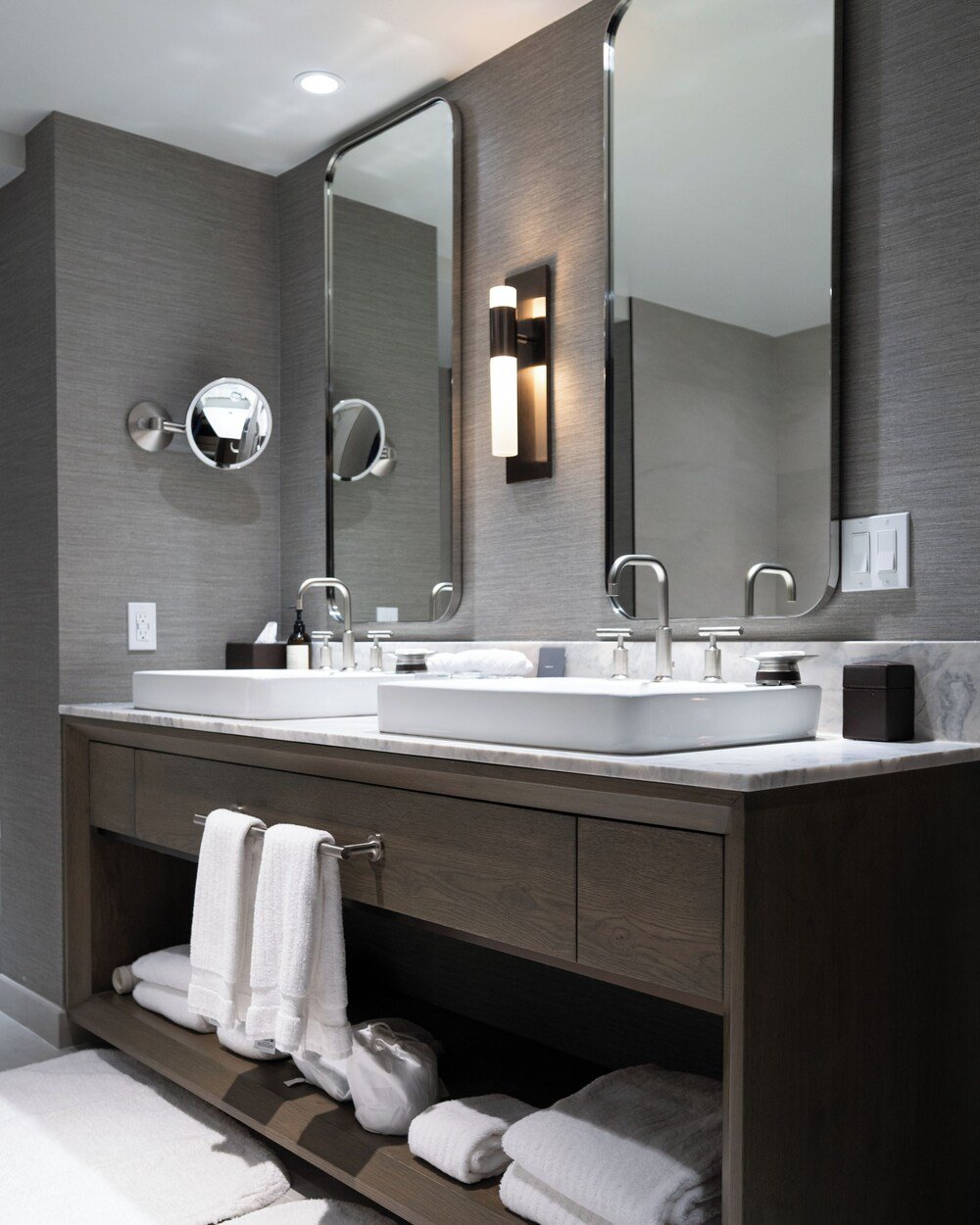 Modern bathroom with two sinks in a guest room