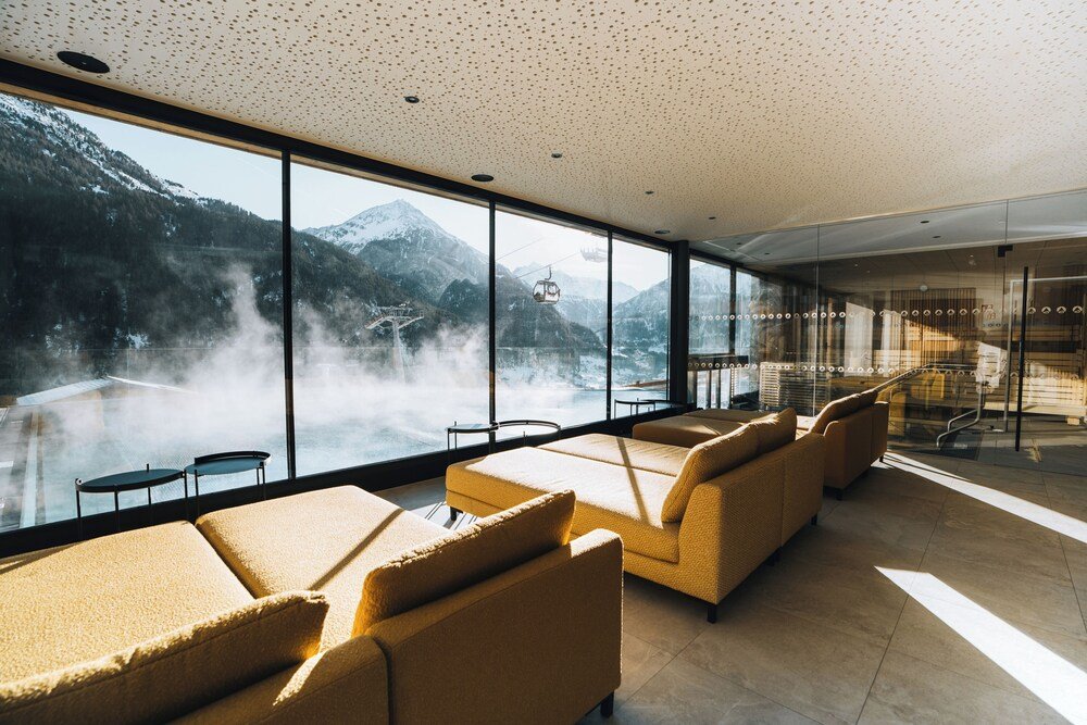 Modern lounge with comfortable seating and warm light