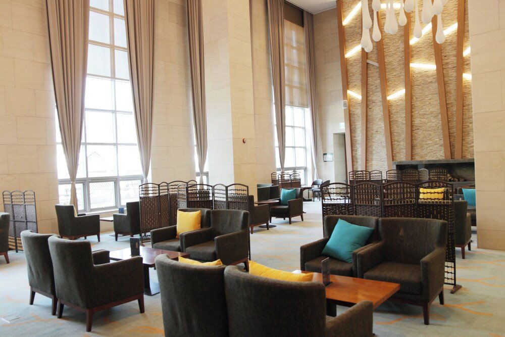 Spacious lobby with seating areas