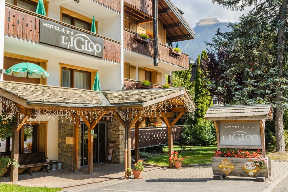 Hotel entrance with a wooden facade in Morzine