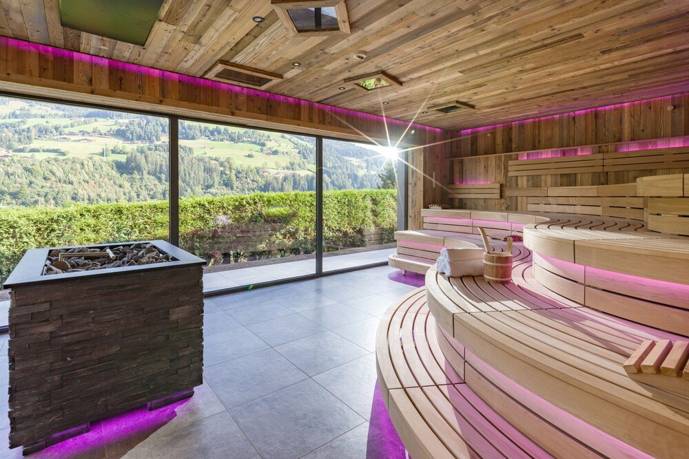 Modern spa area with a stone fireplace