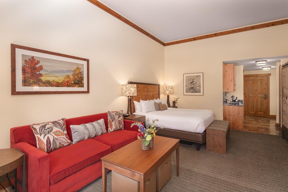 Hotel room with warm decor
