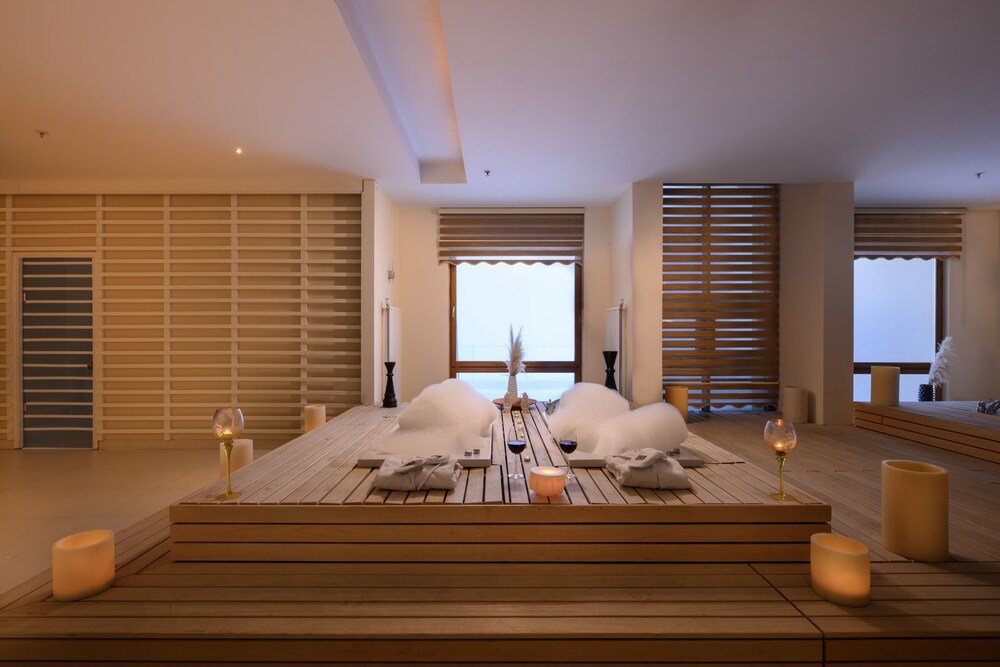 Wooden deck with a table set for two