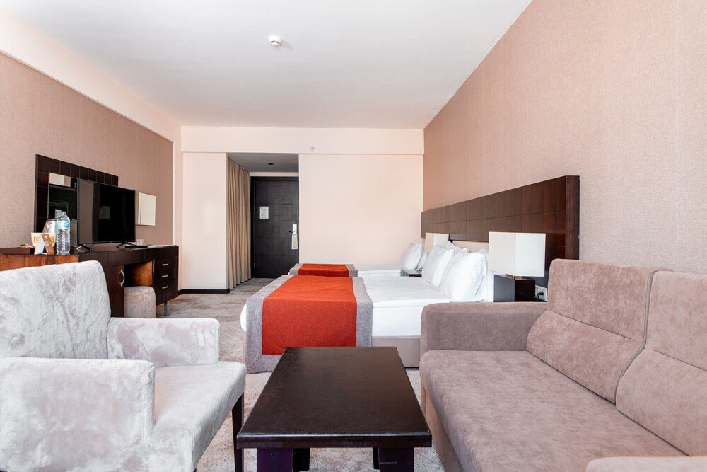 Hotel room with a bed and two sofas