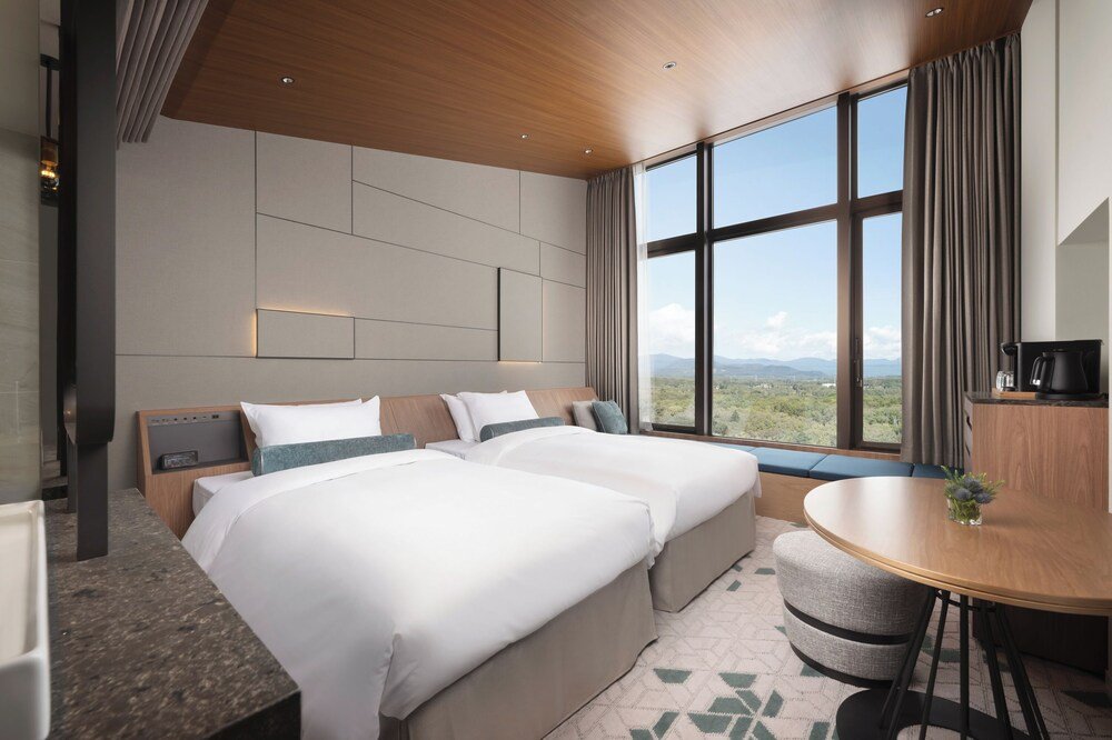 Hotel room with a small round table