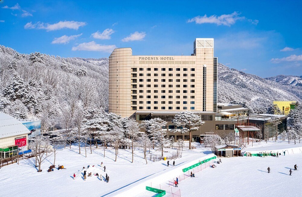 Modern hotel building surrounded by snow