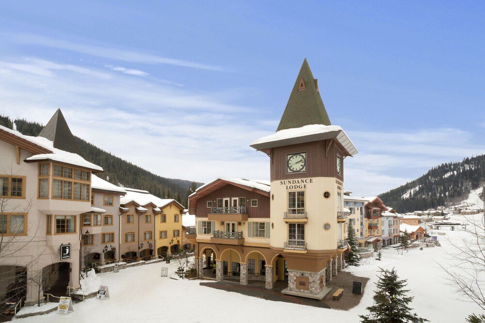 Snow-covered Sundance Lodge exterior in the Sun Peaks ski village