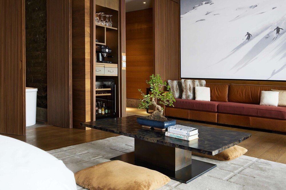 Modern living room with a wooden accent