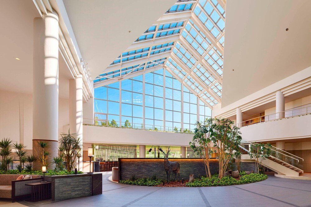 Spacious hotel lobby with a high ceiling