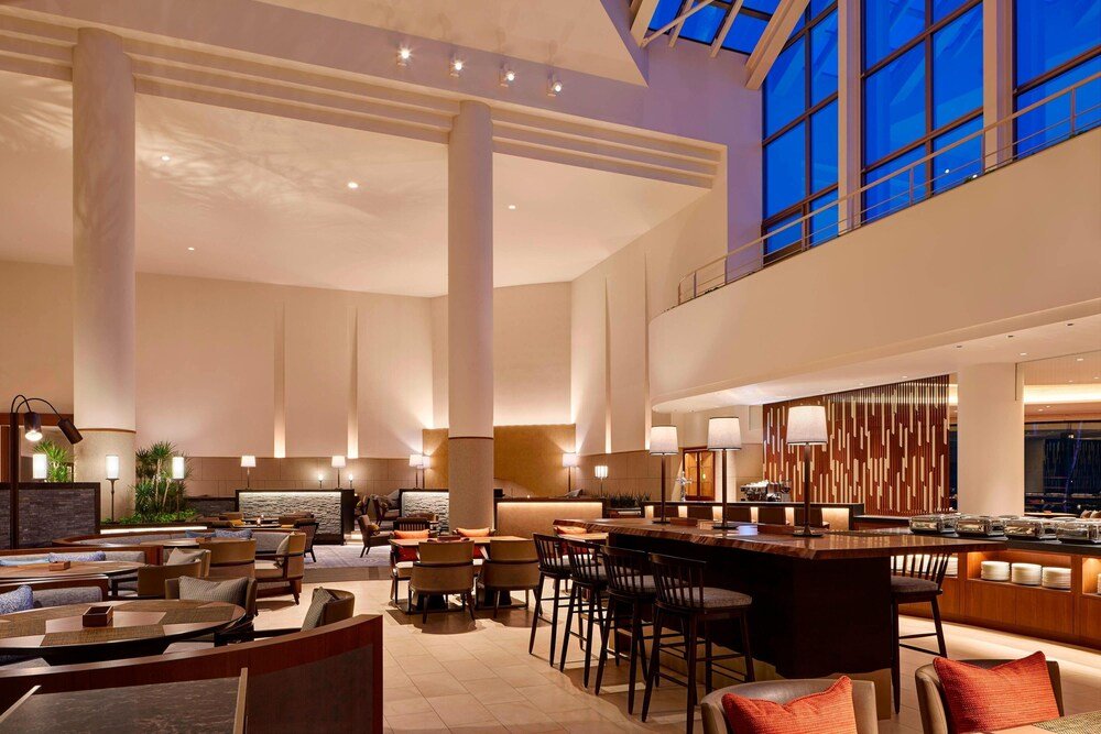 Hotel lobby with high ceilings