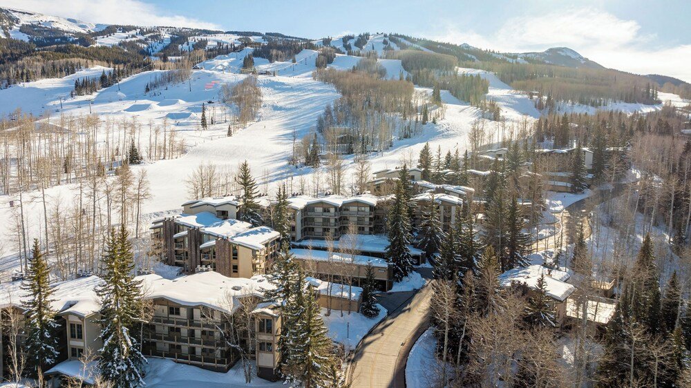 Snow-covered ski resort slopes at Snowmass in Colorado