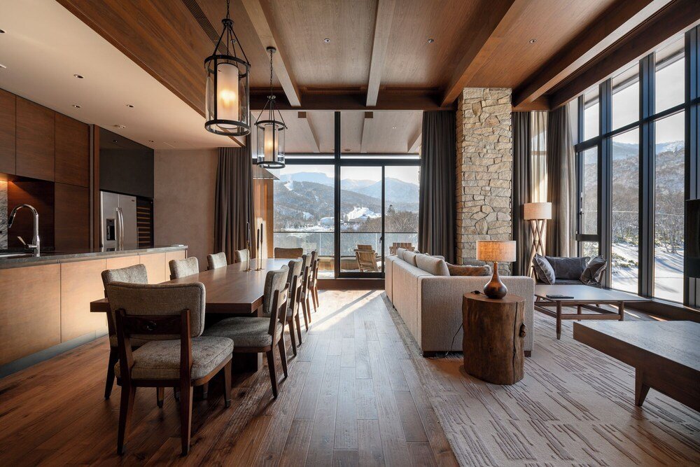 Spacious living area with a large dining table